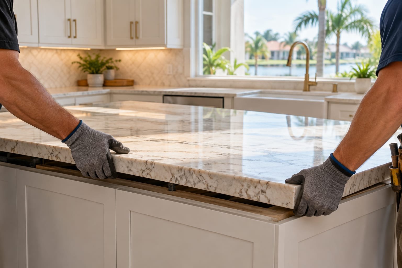 Two installers in work gloves setting a marble-look countertop slab onto white kitchen cabinets