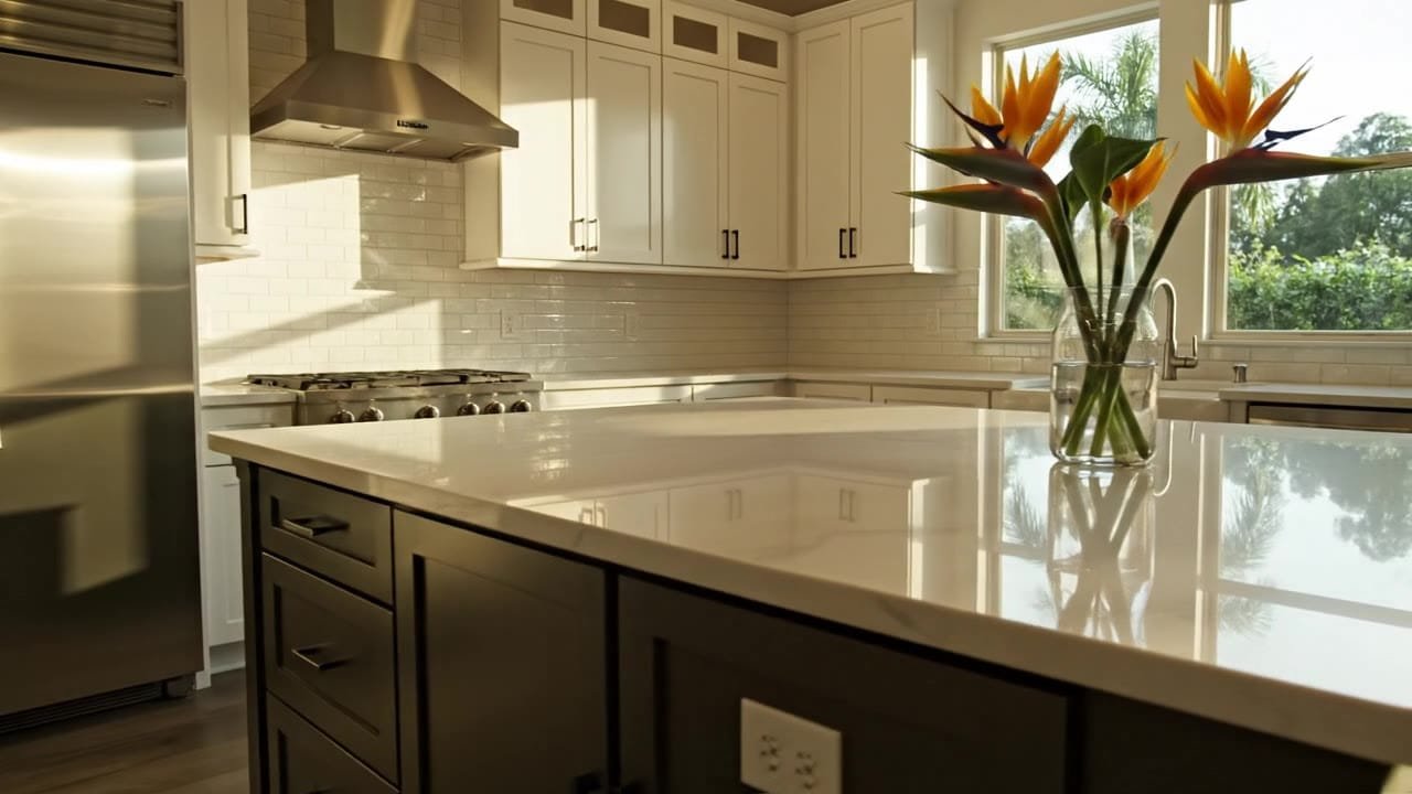 White quartz kitchen island with a vase of bird of paradise flowers in a sunlit kitchen