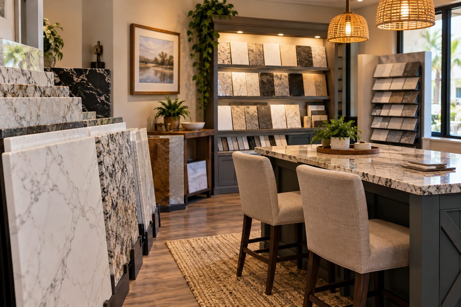 Granite, quartz and marble slab samples displayed on shelves and racks beside a granite island